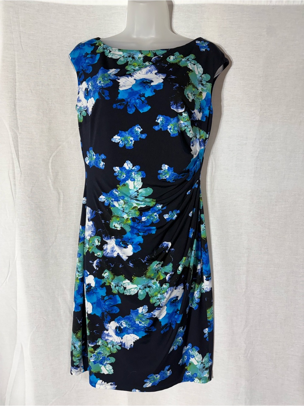 Lauren Ralph Lauren Black Midi Dress with Blue and Green Floral Print Sz 10